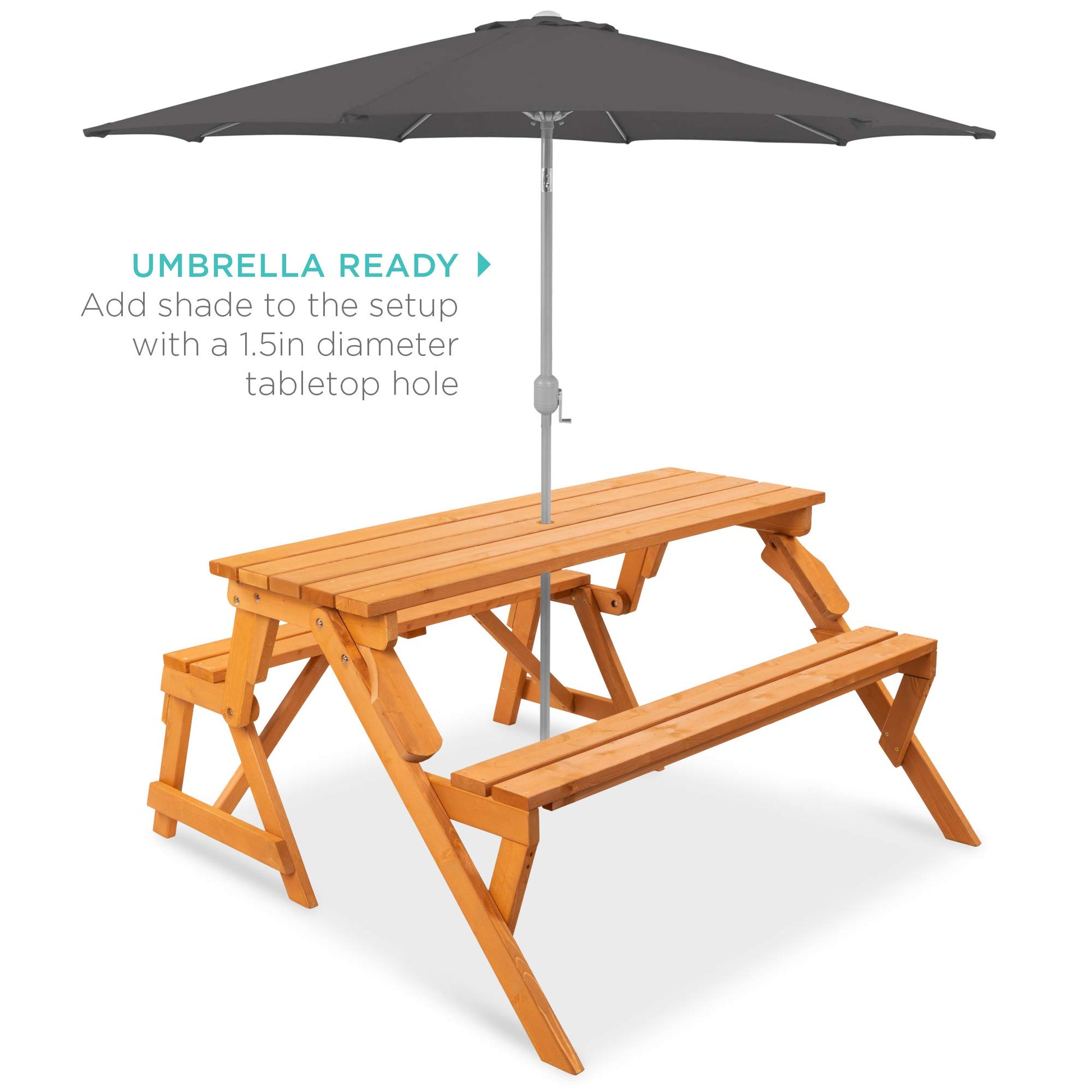 Best Choice Products 2-in-1 Transforming Interchangeable Outdoor Wooden Picnic Table Garden Bench for Backyard, Porch, Patio, Deck w/Umbrella Hole - Natural - CookCave