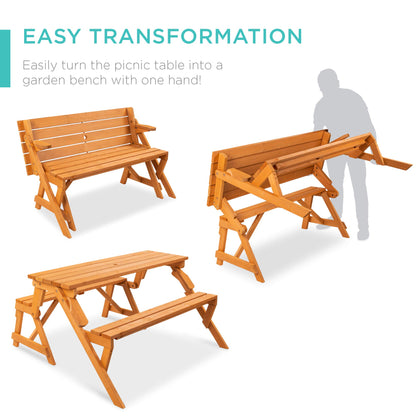 Best Choice Products 2-in-1 Transforming Interchangeable Outdoor Wooden Picnic Table Garden Bench for Backyard, Porch, Patio, Deck w/Umbrella Hole - Natural - CookCave