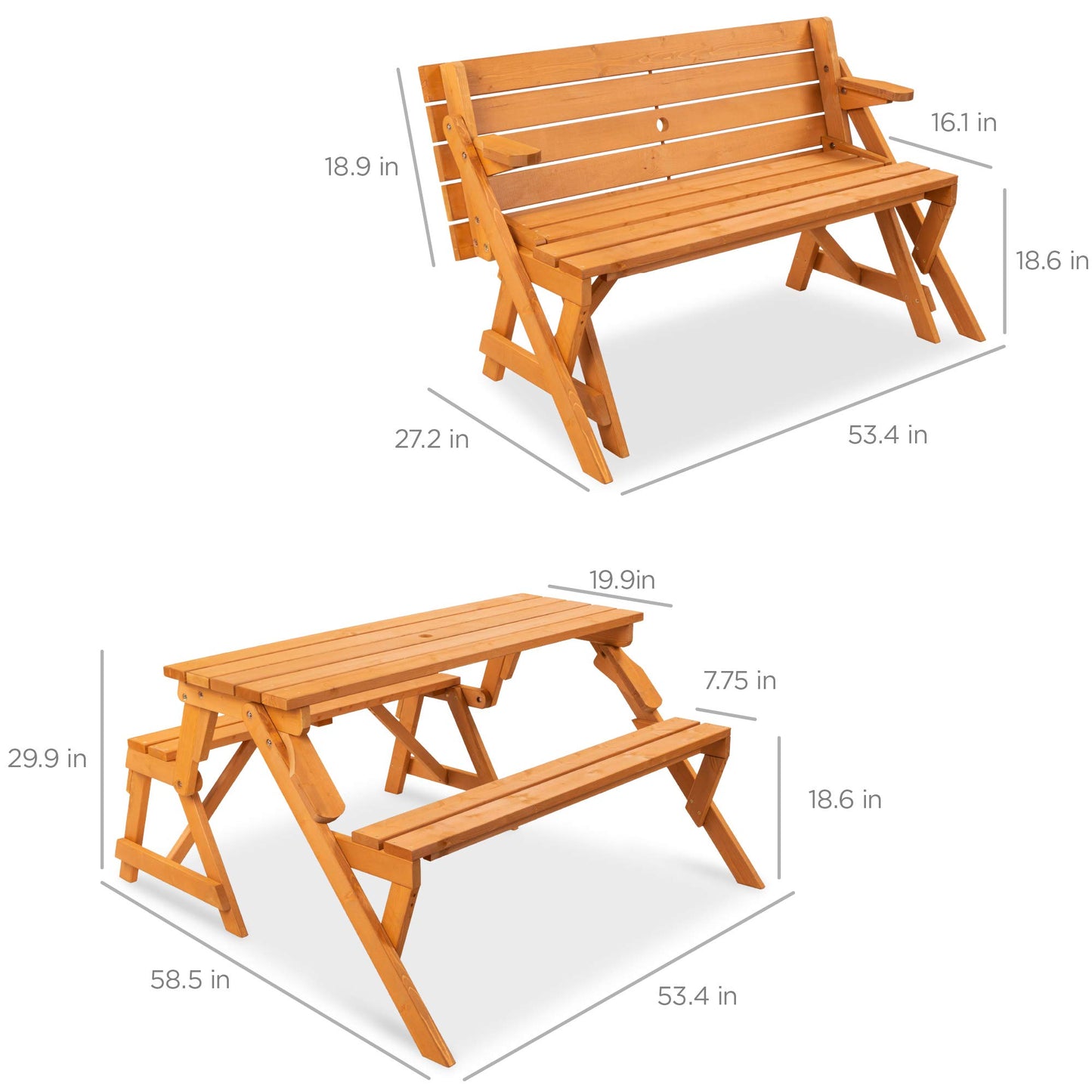 Best Choice Products 2-in-1 Transforming Interchangeable Outdoor Wooden Picnic Table Garden Bench for Backyard, Porch, Patio, Deck w/Umbrella Hole - Natural - CookCave