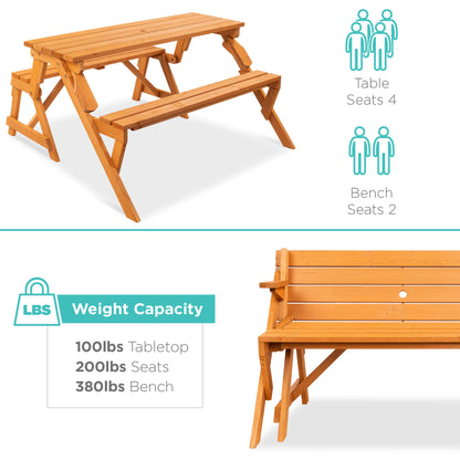 Best Choice Products 2-in-1 Transforming Interchangeable Outdoor Wooden Picnic Table Garden Bench for Backyard, Porch, Patio, Deck w/Umbrella Hole - Natural - CookCave