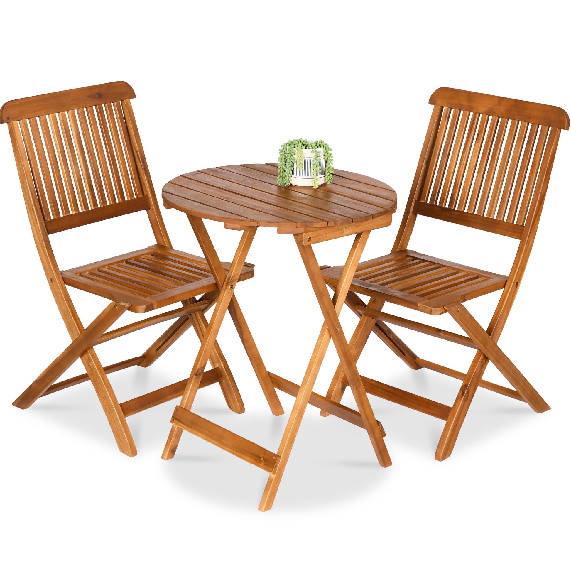 Best Choice Products 3-Piece Acacia Wood Bistro Set, Folding Patio Furniture for Backyard, Balcony, Deck w/ 2 Chairs, Round Coffee Table, Teak Finish - Natural - CookCave