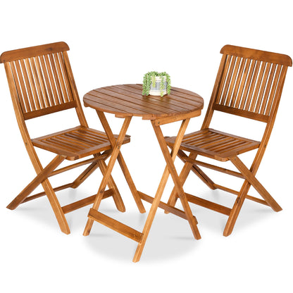 Best Choice Products 3-Piece Acacia Wood Bistro Set, Folding Patio Furniture for Backyard, Balcony, Deck w/ 2 Chairs, Round Coffee Table, Teak Finish - Natural - CookCave