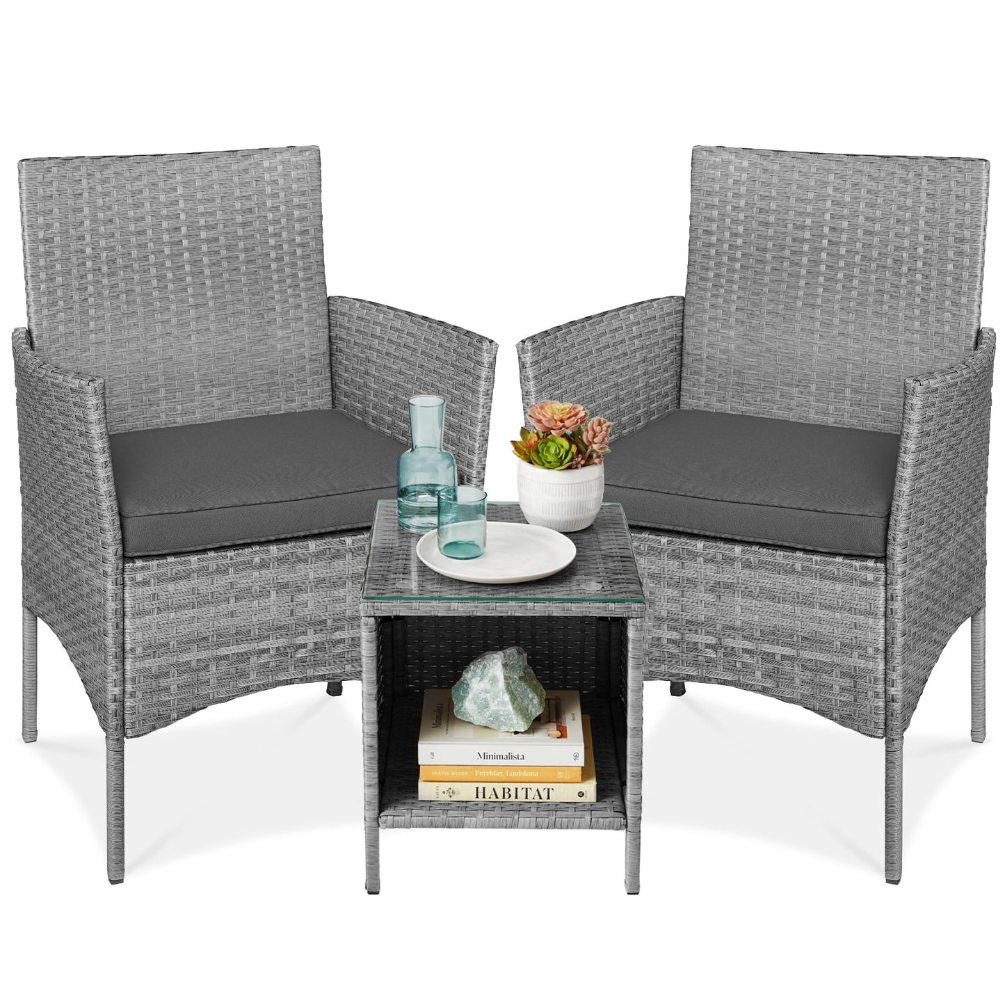 Best Choice Products 3-Piece Outdoor Wicker Conversation Bistro Set, Space Saving Patio Furniture for Garden w/Side Table - Gray/Gray - CookCave