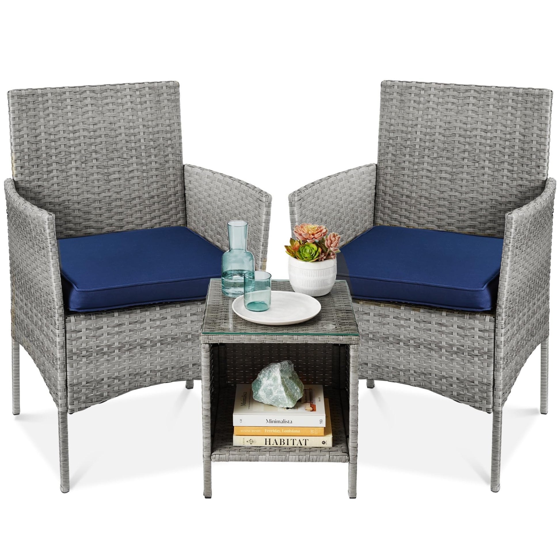 Best Choice Products 3-Piece Outdoor Wicker Conversation Bistro Set, Space Saving Patio Furniture for Garden w/Side Table - Gray/Navy - CookCave