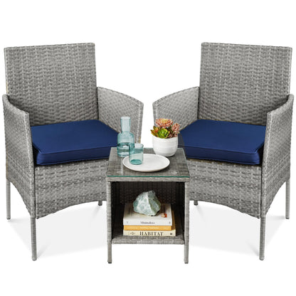 Best Choice Products 3-Piece Outdoor Wicker Conversation Bistro Set, Space Saving Patio Furniture for Garden w/Side Table - Gray/Navy - CookCave
