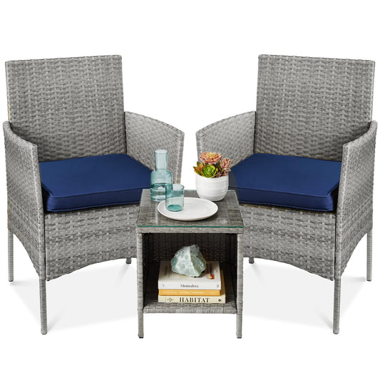 Best Choice Products 3-Piece Outdoor Wicker Conversation Bistro Set, Space Saving Patio Furniture for Garden w/Side Table - Gray/Navy - CookCave
