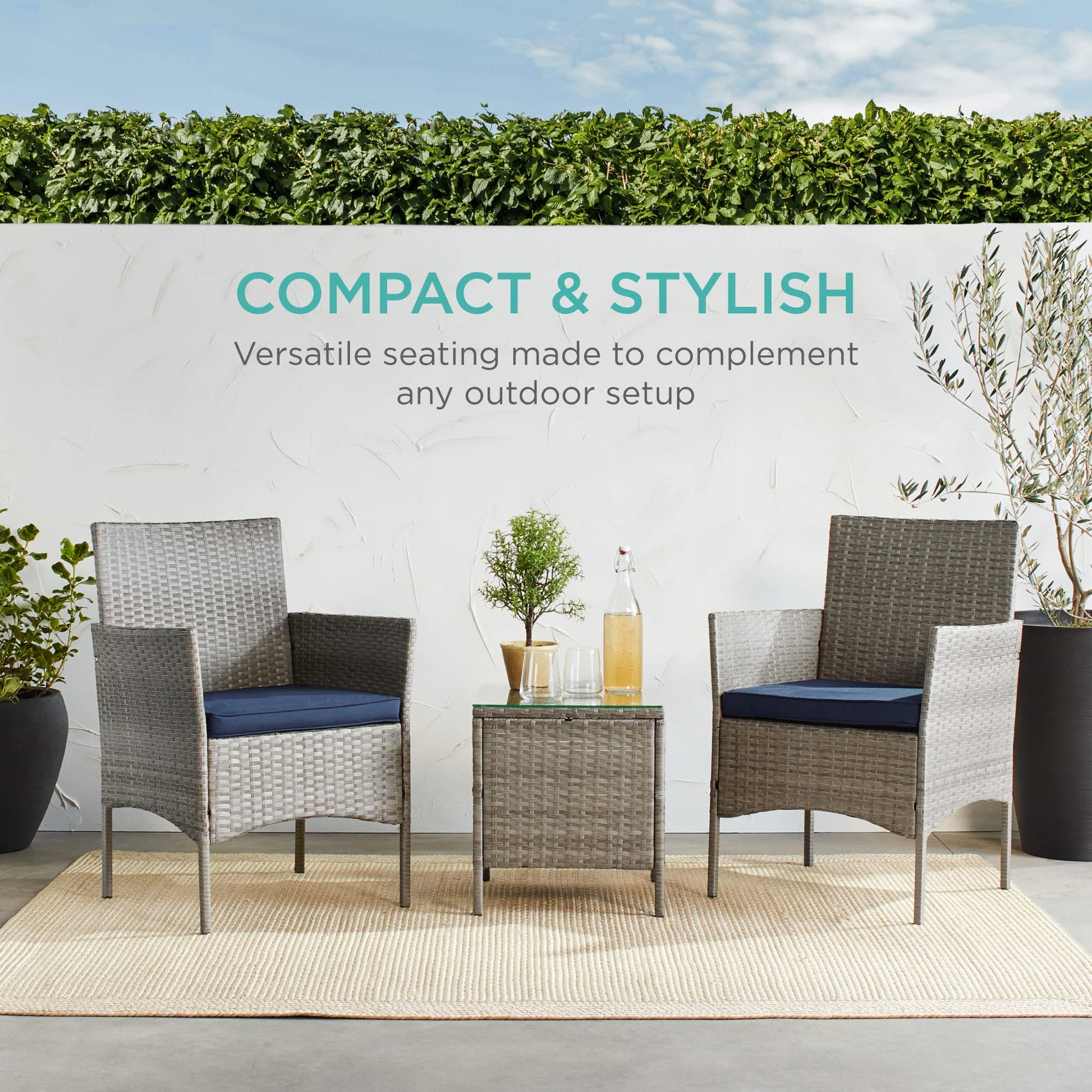 Best Choice Products 3-Piece Outdoor Wicker Conversation Bistro Set, Space Saving Patio Furniture for Garden w/Side Table - Gray/Navy - CookCave