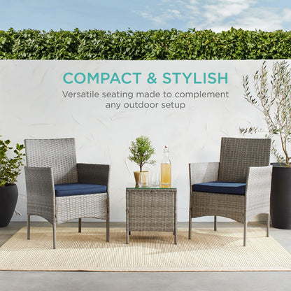 Best Choice Products 3-Piece Outdoor Wicker Conversation Bistro Set, Space Saving Patio Furniture for Garden w/Side Table - Gray/Navy - CookCave