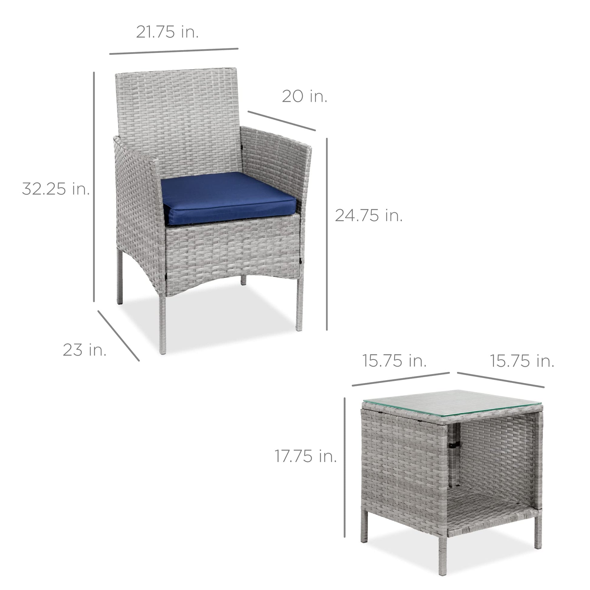 Best Choice Products 3-Piece Outdoor Wicker Conversation Bistro Set, Space Saving Patio Furniture for Garden w/Side Table - Gray/Navy - CookCave