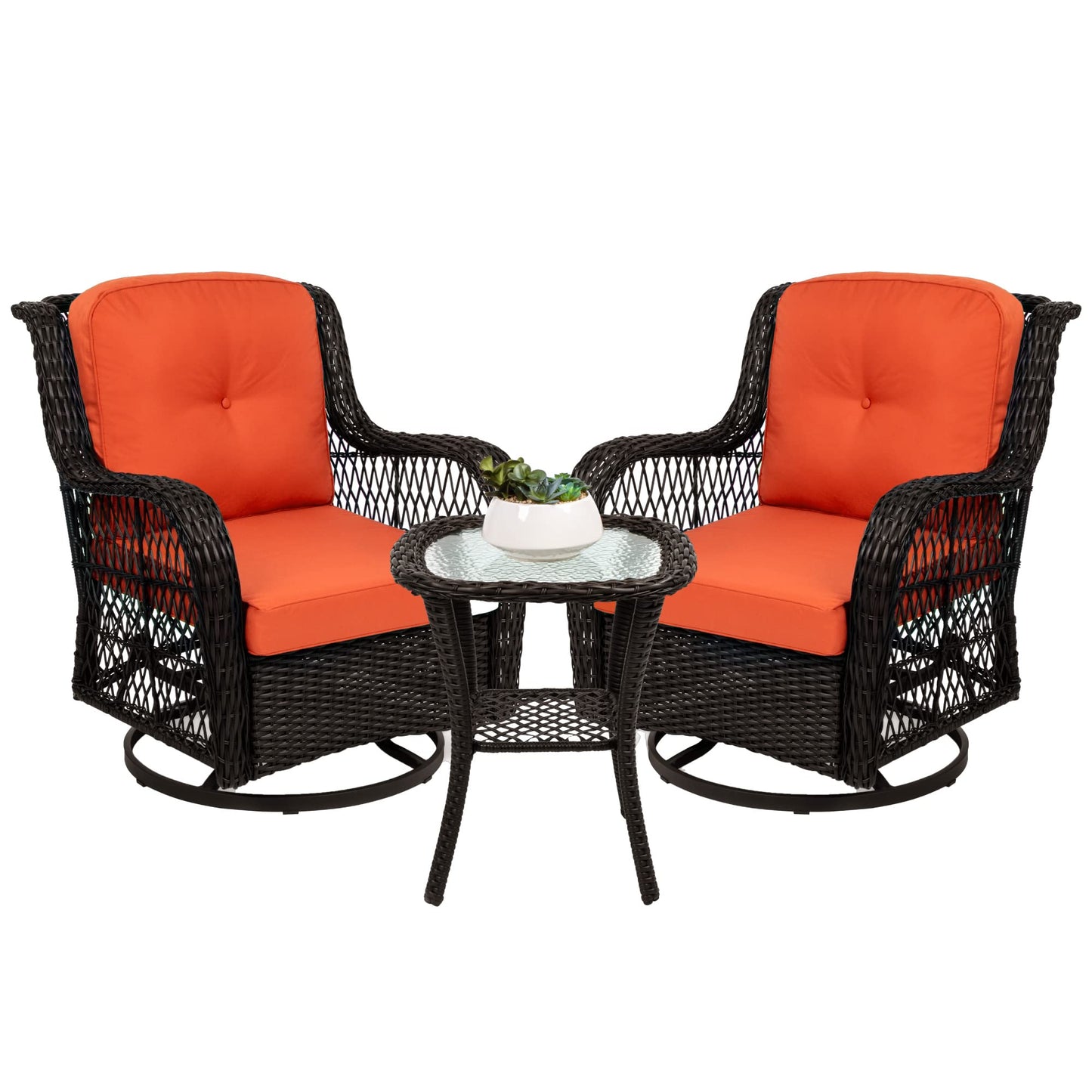 Best Choice Products 3-Piece Outdoor Wicker Patio Bistro Set w/ 2 360-Degree Swivel Rocking Chairs and Tempered Glass Top Side Table - Rust - CookCave