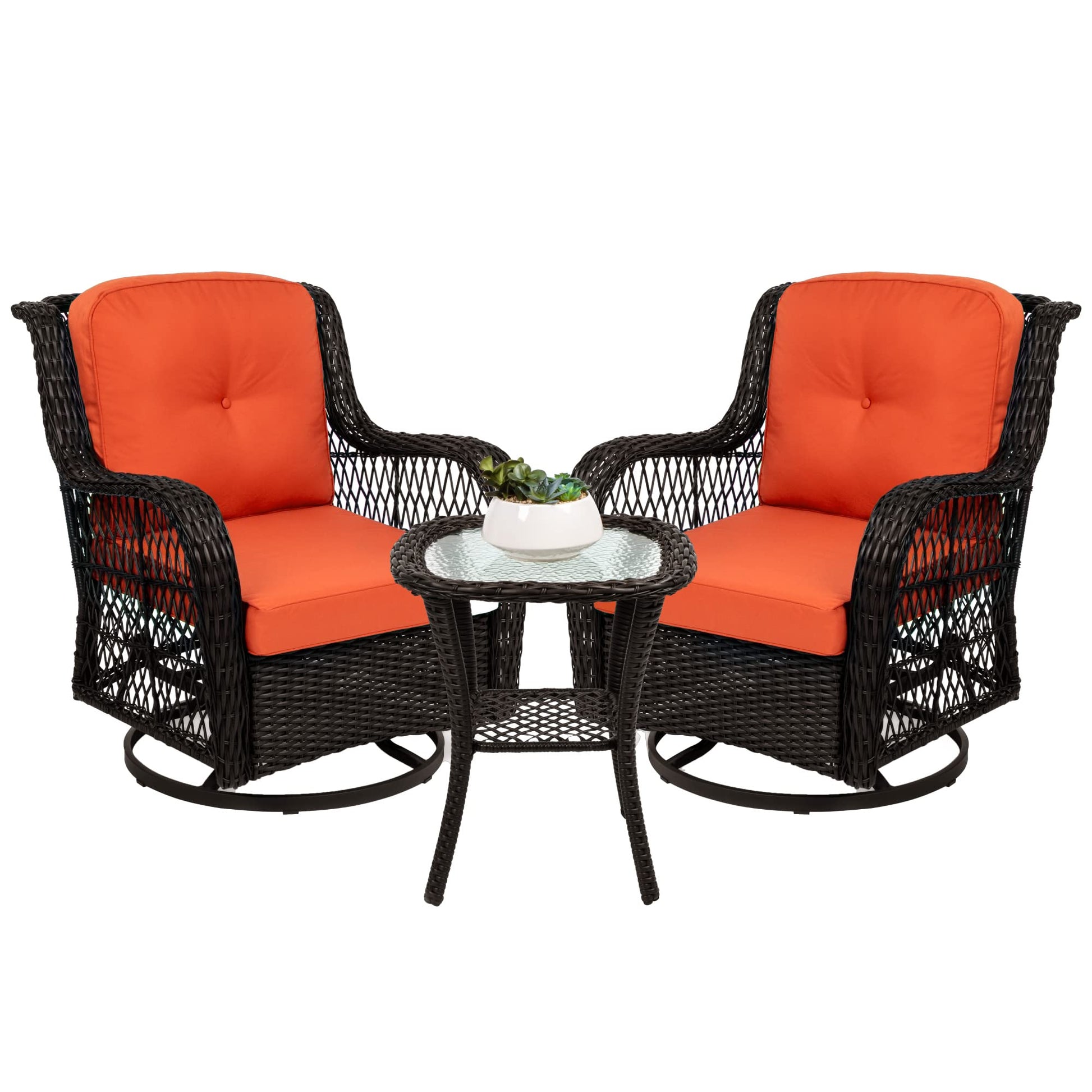 Best Choice Products 3-Piece Outdoor Wicker Patio Bistro Set w/ 2 360-Degree Swivel Rocking Chairs and Tempered Glass Top Side Table - Rust - CookCave