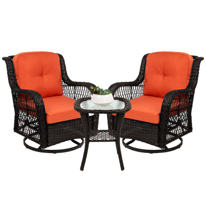 Best Choice Products 3-Piece Outdoor Wicker Patio Bistro Set w/ 2 360-Degree Swivel Rocking Chairs and Tempered Glass Top Side Table - Rust - CookCave