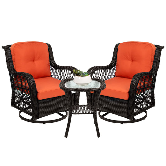 Best Choice Products 3-Piece Outdoor Wicker Patio Bistro Set w/ 2 360-Degree Swivel Rocking Chairs and Tempered Glass Top Side Table - Rust - CookCave