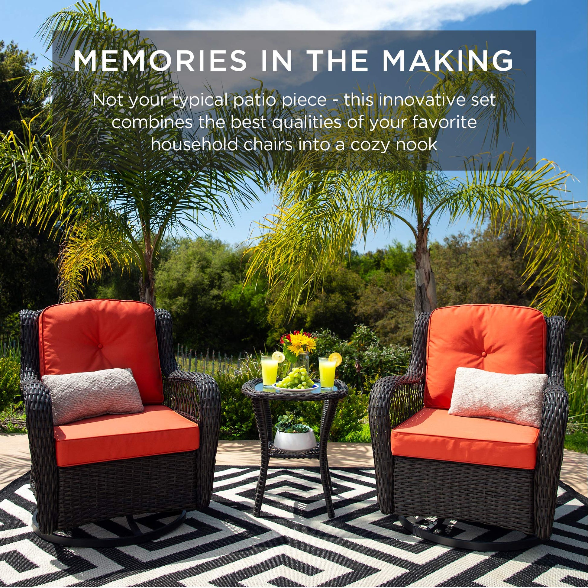 Best Choice Products 3-Piece Outdoor Wicker Patio Bistro Set w/ 2 360-Degree Swivel Rocking Chairs and Tempered Glass Top Side Table - Rust - CookCave
