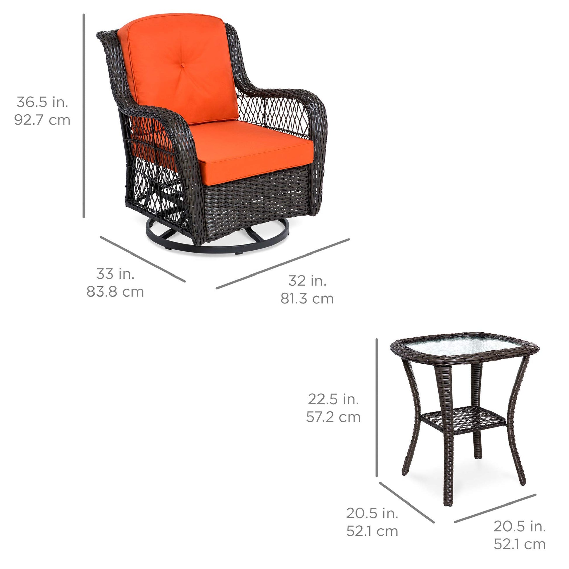 Best Choice Products 3-Piece Outdoor Wicker Patio Bistro Set w/ 2 360-Degree Swivel Rocking Chairs and Tempered Glass Top Side Table - Rust - CookCave