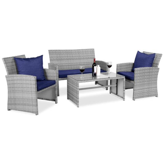 Best Choice Products 4-Piece Outdoor Wicker Patio Conversation Furniture Set for Backyard w/Coffee Table, Seat Cushions - Gray/Navy - CookCave