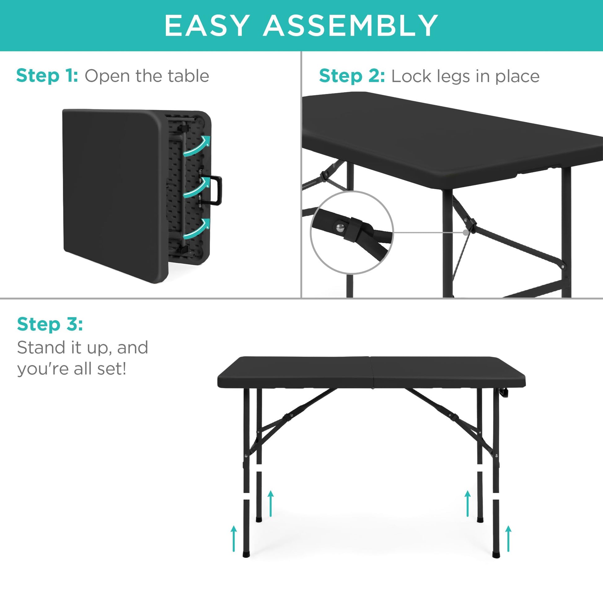 Best Choice Products 4ft Plastic Folding Table, Indoor Outdoor Heavy Duty Portable w/Handle, Lock for Picnic, Party, Camping - Black - CookCave
