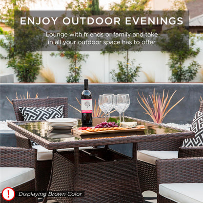 Best Choice Products 5-Piece Indoor Outdoor Wicker Dining Set Furniture for Patio, Backyard w/Square Glass Tabletop, Umbrella Cutout, 4 Chairs - Navy - CookCave