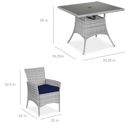 Best Choice Products 5-Piece Indoor Outdoor Wicker Dining Set Furniture for Patio, Backyard w/Square Glass Tabletop, Umbrella Cutout, 4 Chairs - Navy - CookCave