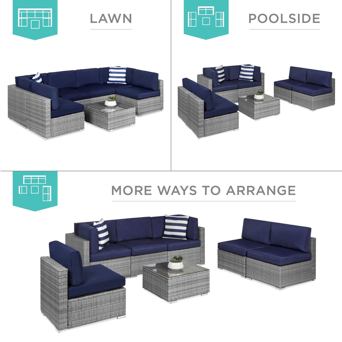 Best Choice Products 7-Piece Modular Outdoor Sectional Wicker Patio Conversation Set w/ 2 Pillows, Coffee Table, Cover Included - Gray/Navy - CookCave