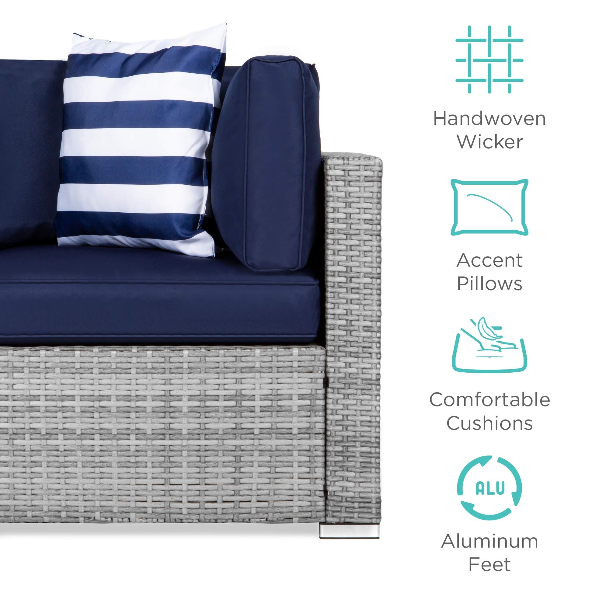 Best Choice Products 7-Piece Modular Outdoor Sectional Wicker Patio Conversation Set w/ 2 Pillows, Coffee Table, Cover Included - Gray/Navy - CookCave