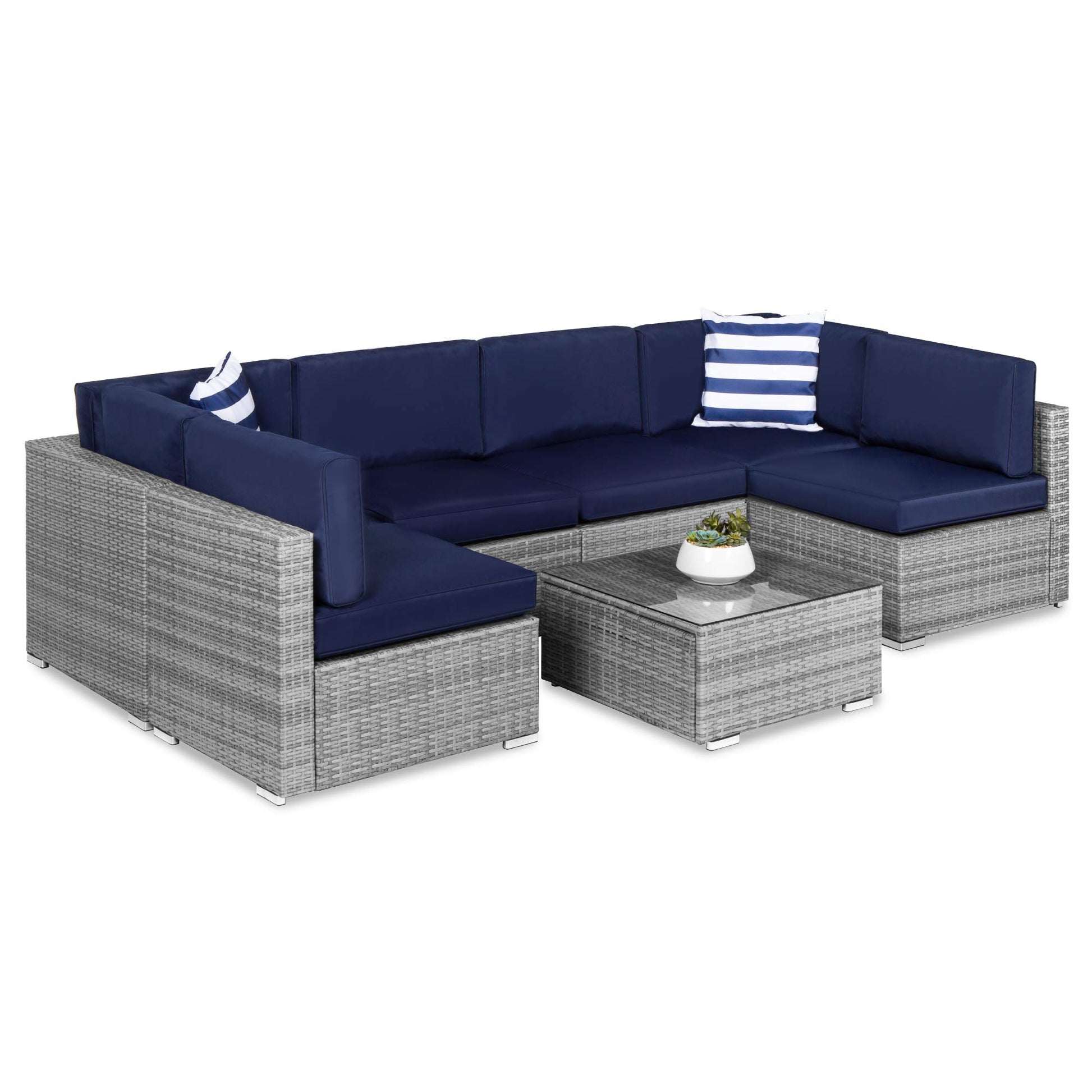 Best Choice Products 7-Piece Modular Outdoor Sectional Wicker Patio Conversation Set w/ 2 Pillows, Coffee Table, Cover Included - Gray/Navy - CookCave