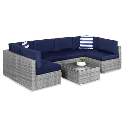 Best Choice Products 7-Piece Modular Outdoor Sectional Wicker Patio Conversation Set w/ 2 Pillows, Coffee Table, Cover Included - Gray/Navy - CookCave