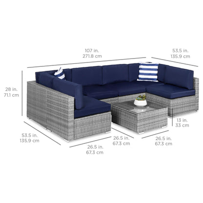 Best Choice Products 7-Piece Modular Outdoor Sectional Wicker Patio Conversation Set w/ 2 Pillows, Coffee Table, Cover Included - Gray/Navy - CookCave