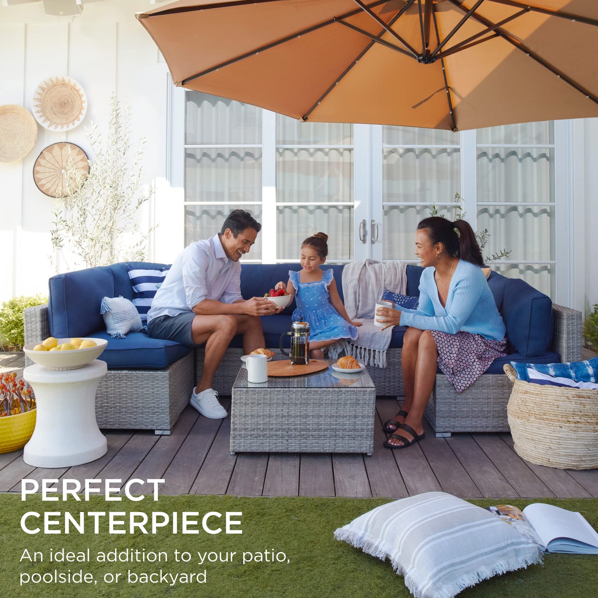 Best Choice Products 7-Piece Modular Outdoor Sectional Wicker Patio Conversation Set w/ 2 Pillows, Coffee Table, Cover Included - Gray/Navy - CookCave