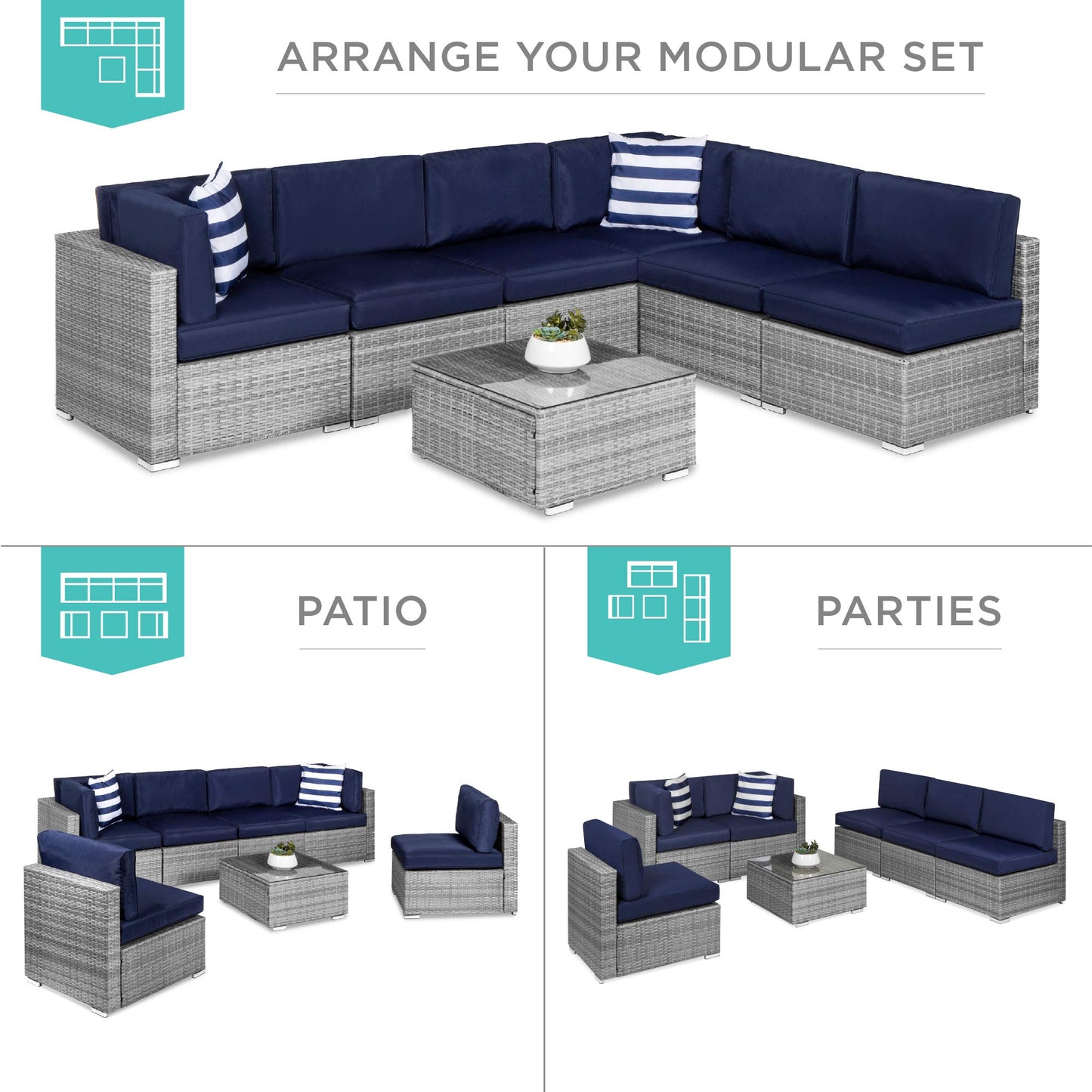 Best Choice Products 7-Piece Modular Outdoor Sectional Wicker Patio Conversation Set w/ 2 Pillows, Coffee Table, Cover Included - Gray/Navy - CookCave