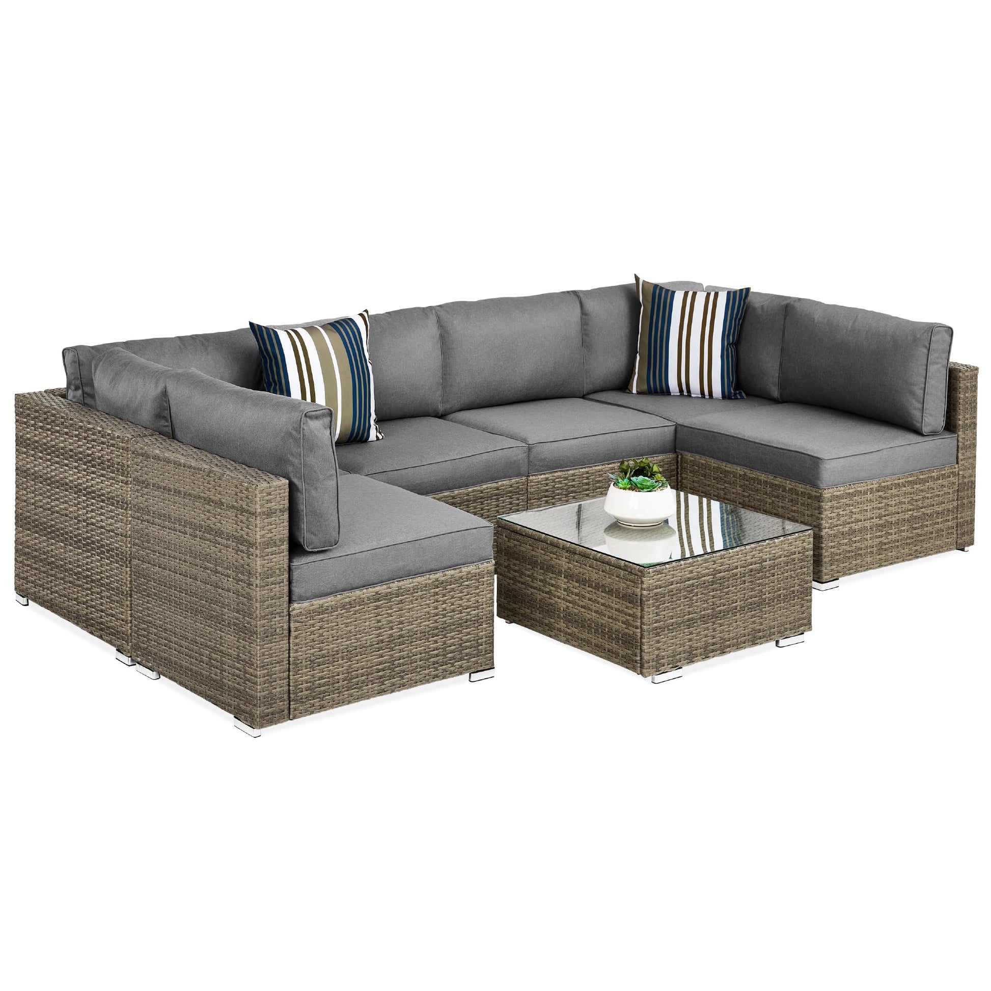 Best Choice Products 7-Piece Modular Outdoor Sectional Wicker Patio Conversation Set w/ 2 Pillows, Coffee Table, Cover Included - Taupe/Cement Gray - CookCave