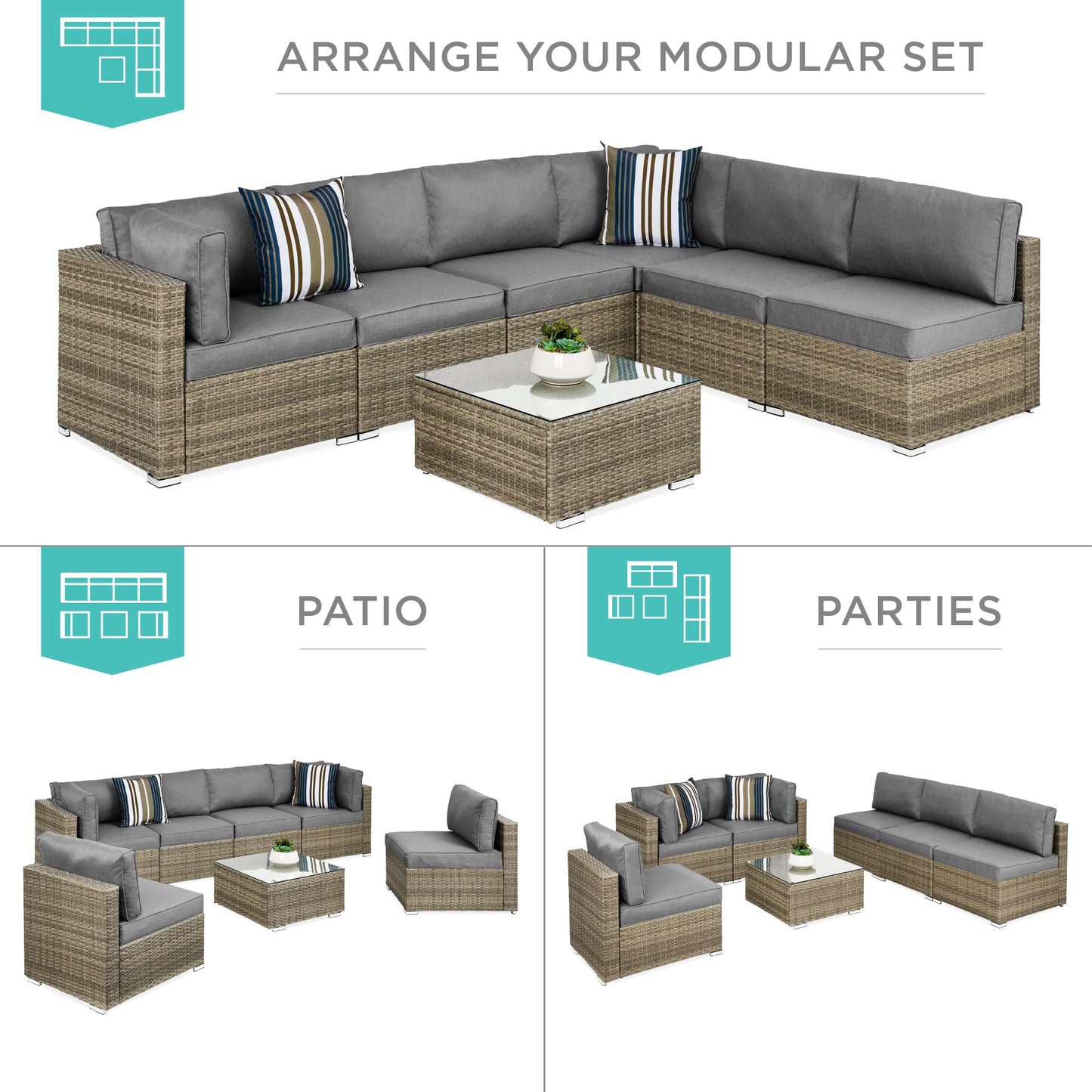 Best Choice Products 7-Piece Modular Outdoor Sectional Wicker Patio Conversation Set w/ 2 Pillows, Coffee Table, Cover Included - Taupe/Cement Gray - CookCave