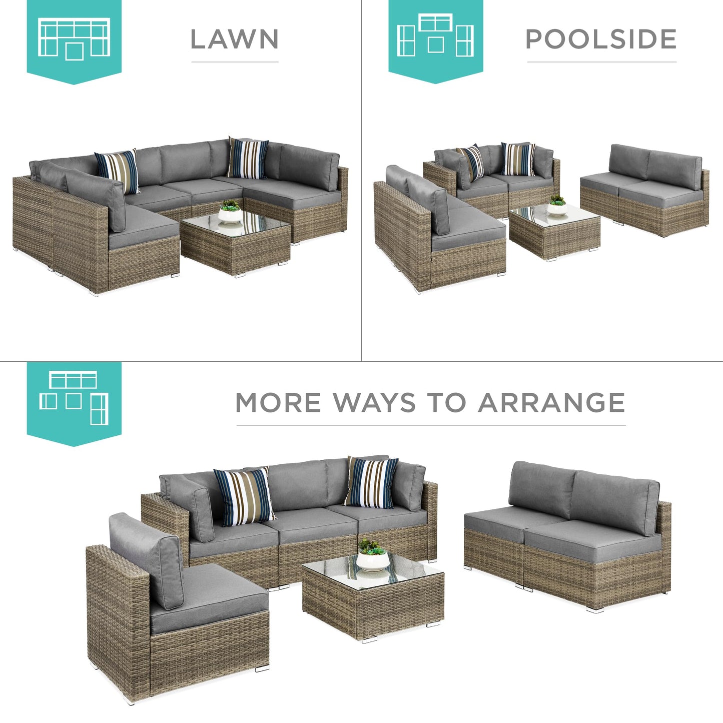 Best Choice Products 7-Piece Modular Outdoor Sectional Wicker Patio Conversation Set w/ 2 Pillows, Coffee Table, Cover Included - Taupe/Cement Gray - CookCave