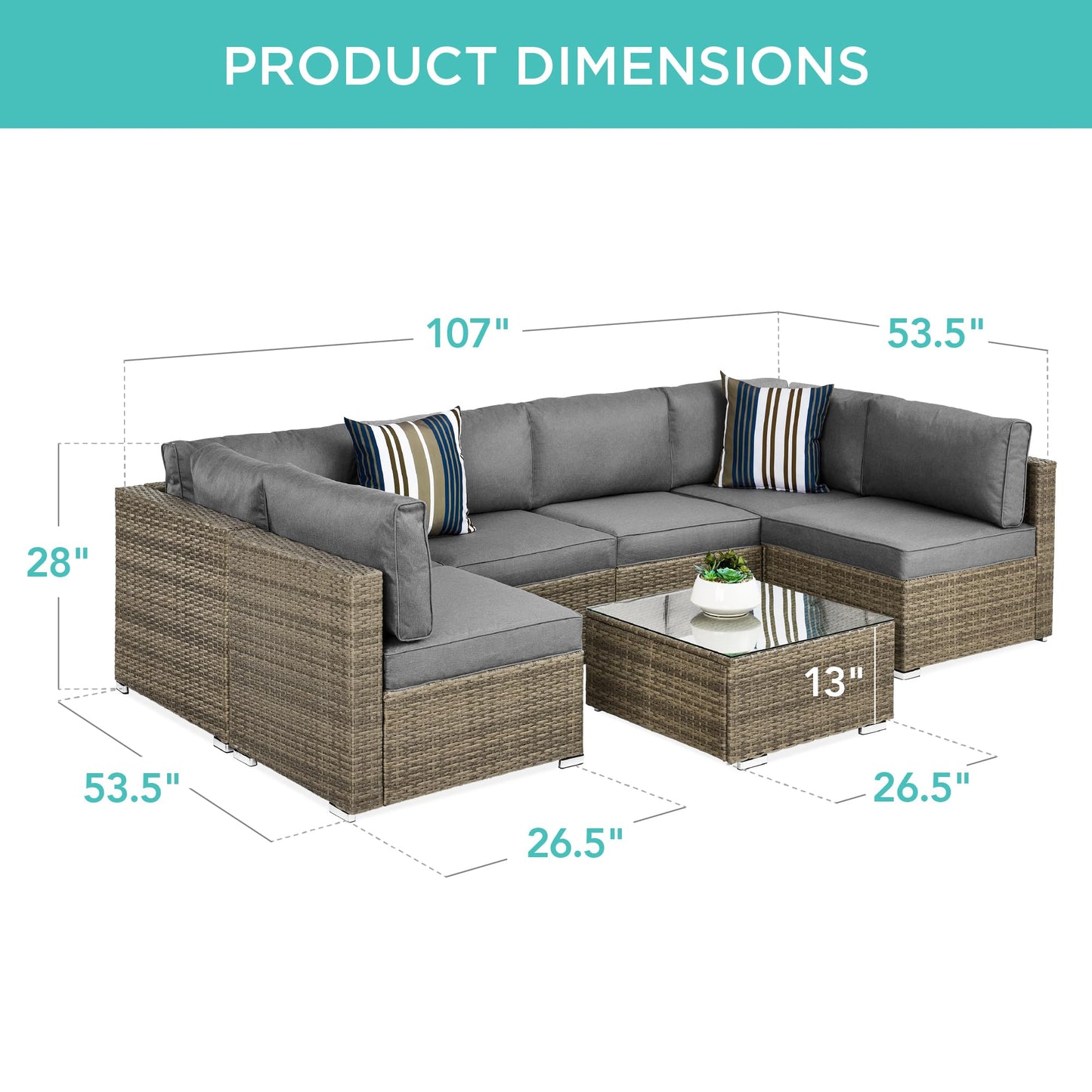 Best Choice Products 7-Piece Modular Outdoor Sectional Wicker Patio Conversation Set w/ 2 Pillows, Coffee Table, Cover Included - Taupe/Cement Gray - CookCave