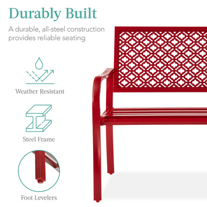Best Choice Products Outdoor Bench 2-Person Metal Steel Benches Furniture for Garden, Patio, Porch, Entryway w/Geometric Backrest, 790lb Capacity - Rose Red - CookCave
