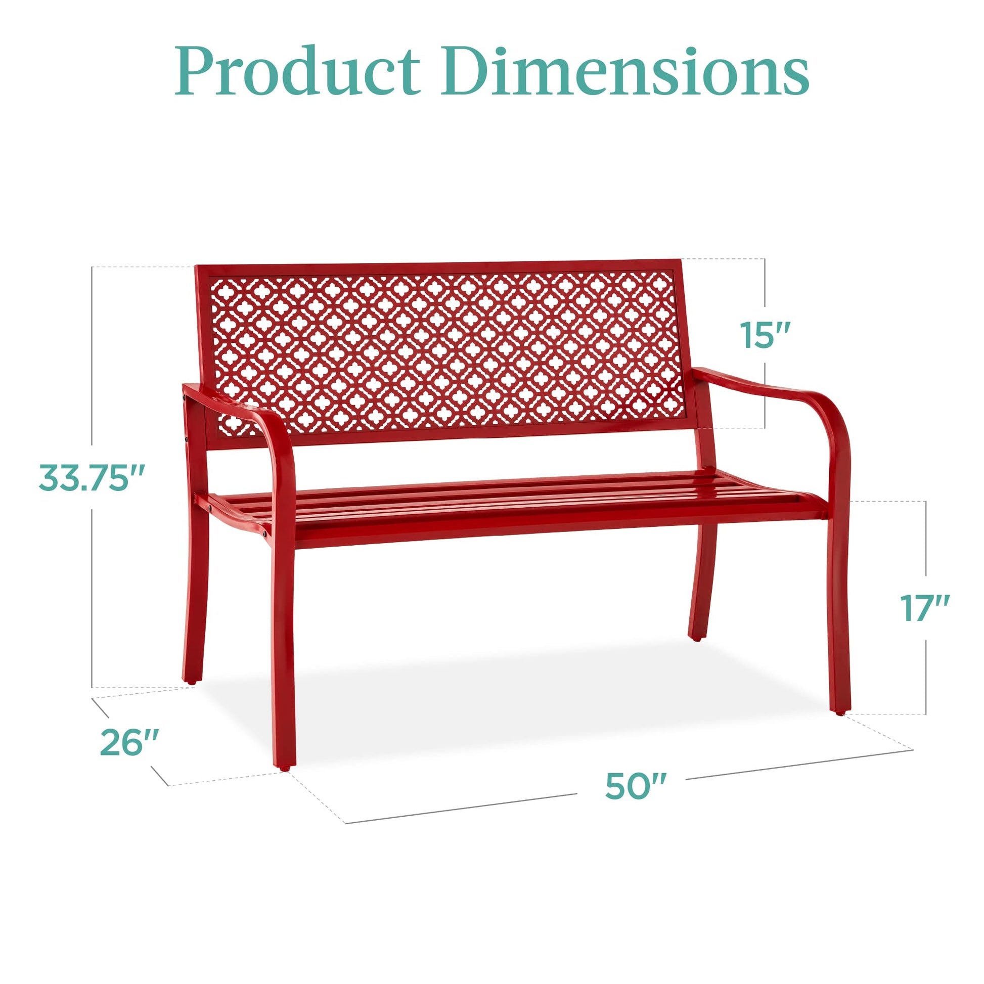 Best Choice Products Outdoor Bench 2-Person Metal Steel Benches Furniture for Garden, Patio, Porch, Entryway w/Geometric Backrest, 790lb Capacity - Rose Red - CookCave