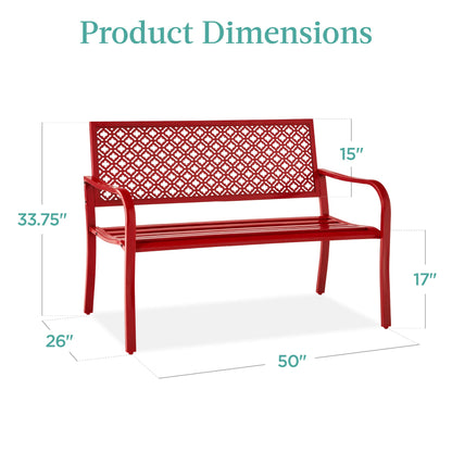 Best Choice Products Outdoor Bench 2-Person Metal Steel Benches Furniture for Garden, Patio, Porch, Entryway w/Geometric Backrest, 790lb Capacity - Rose Red - CookCave