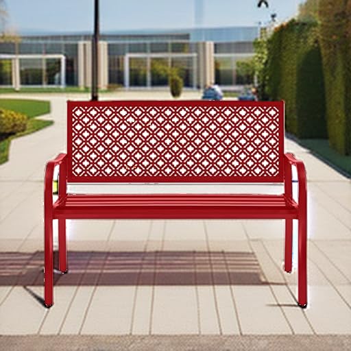 Best Choice Products Outdoor Bench 2-Person Metal Steel Benches Furniture for Garden, Patio, Porch, Entryway w/Geometric Backrest, 790lb Capacity - Rose Red - CookCave