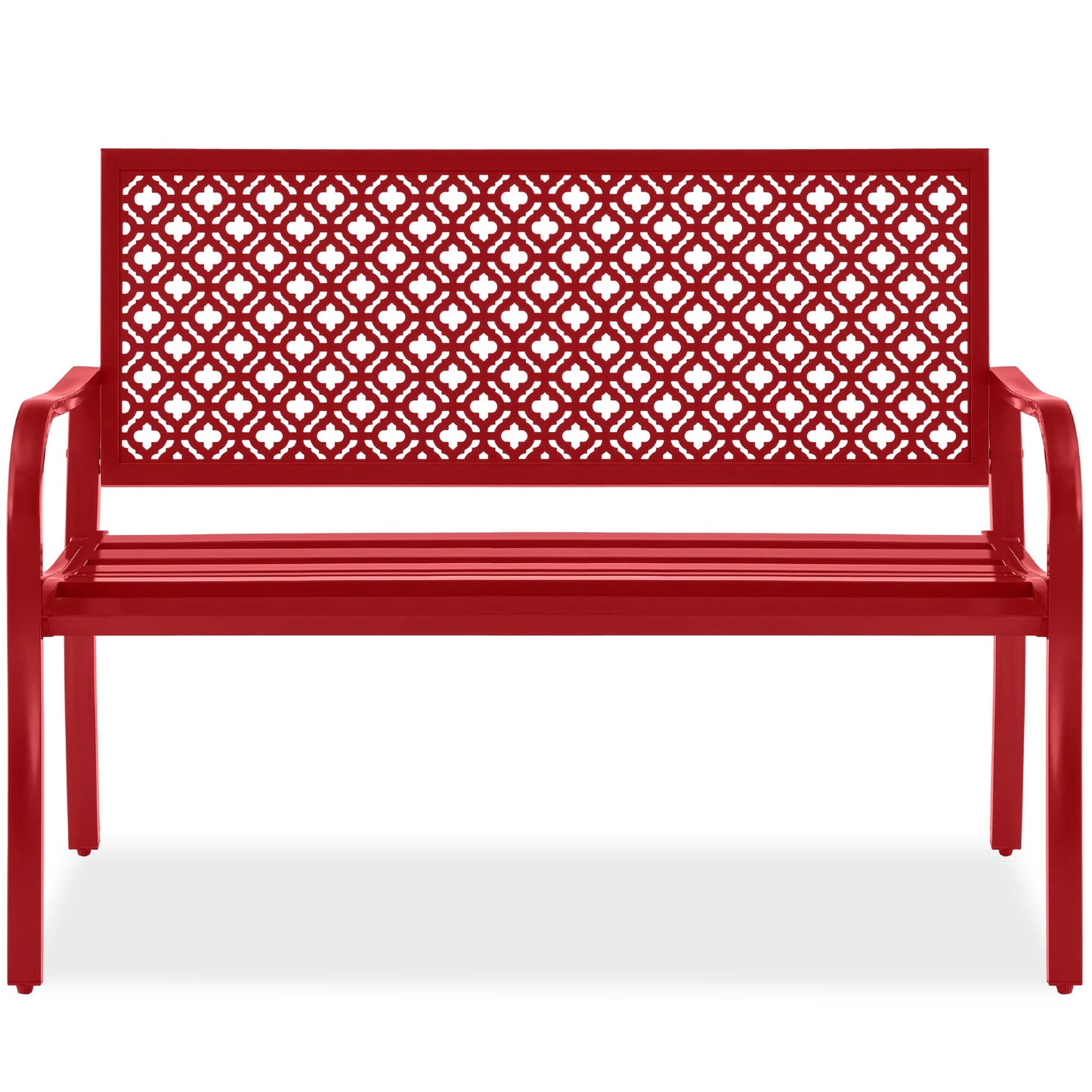 Best Choice Products Outdoor Bench 2-Person Metal Steel Benches Furniture for Garden, Patio, Porch, Entryway w/Geometric Backrest, 790lb Capacity - Rose Red - CookCave