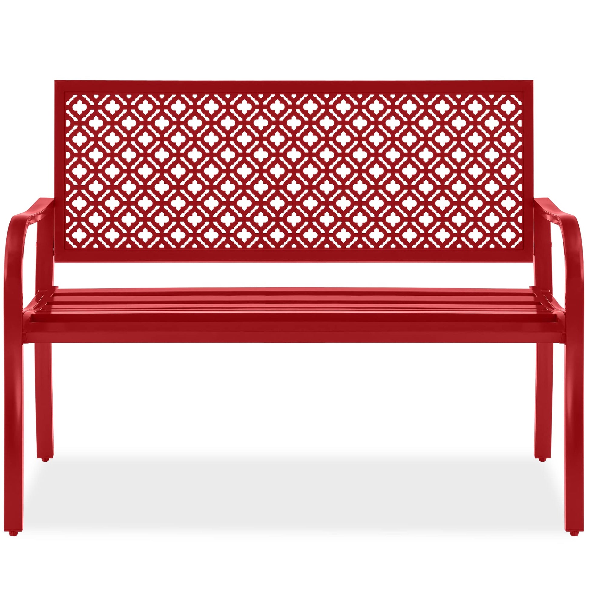 Best Choice Products Outdoor Bench 2-Person Metal Steel Benches Furniture for Garden, Patio, Porch, Entryway w/Geometric Backrest, 790lb Capacity - Rose Red - CookCave