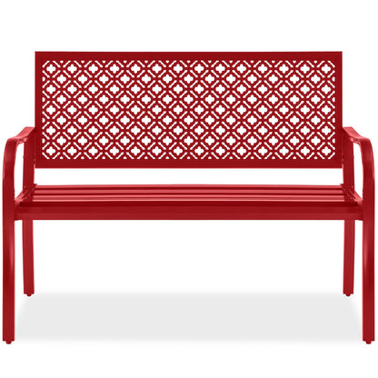 Best Choice Products Outdoor Bench 2-Person Metal Steel Benches Furniture for Garden, Patio, Porch, Entryway w/Geometric Backrest, 790lb Capacity - Rose Red - CookCave