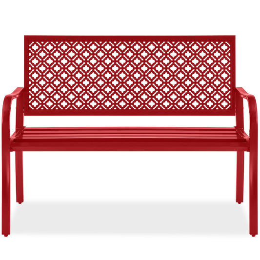 Best Choice Products Outdoor Bench 2-Person Metal Steel Benches Furniture for Garden, Patio, Porch, Entryway w/Geometric Backrest, 790lb Capacity - Rose Red - CookCave