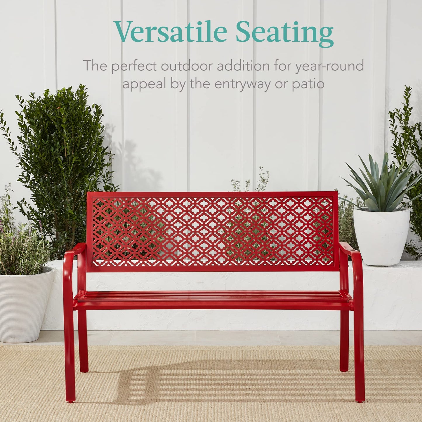 Best Choice Products Outdoor Bench 2-Person Metal Steel Benches Furniture for Garden, Patio, Porch, Entryway w/Geometric Backrest, 790lb Capacity - Rose Red - CookCave