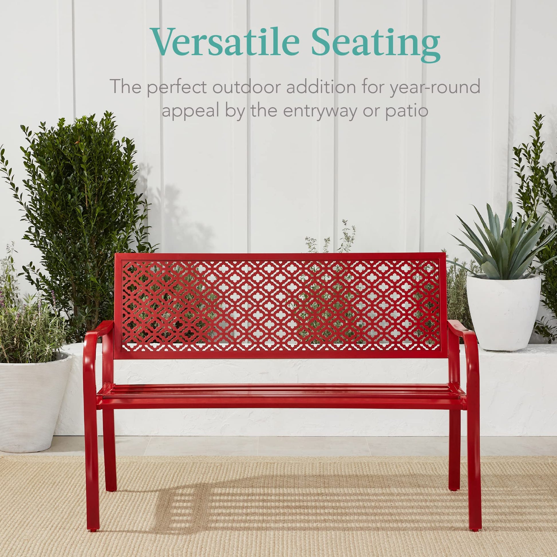 Best Choice Products Outdoor Bench 2-Person Metal Steel Benches Furniture for Garden, Patio, Porch, Entryway w/Geometric Backrest, 790lb Capacity - Rose Red - CookCave
