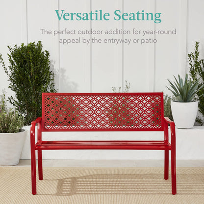 Best Choice Products Outdoor Bench 2-Person Metal Steel Benches Furniture for Garden, Patio, Porch, Entryway w/Geometric Backrest, 790lb Capacity - Rose Red - CookCave