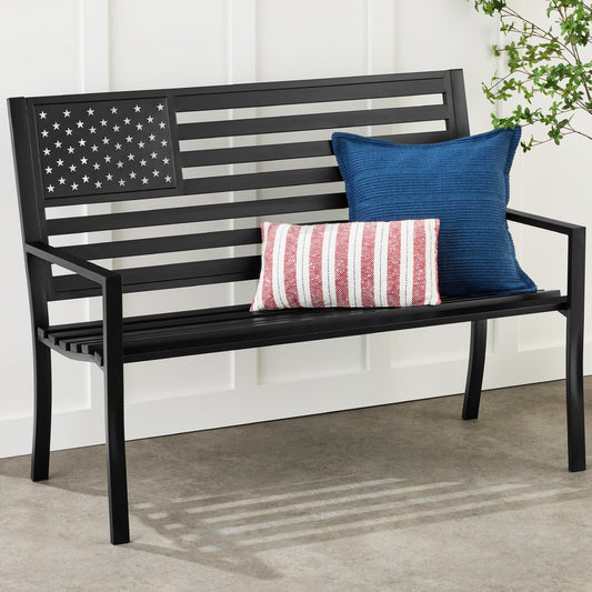 Best Choice Products Outdoor Bench 2-Person Steel Indoor/Outdoor Bench for Garden, Patio, Porch, Entryway w/American Flag, 790lb Capacity – Black - CookCave