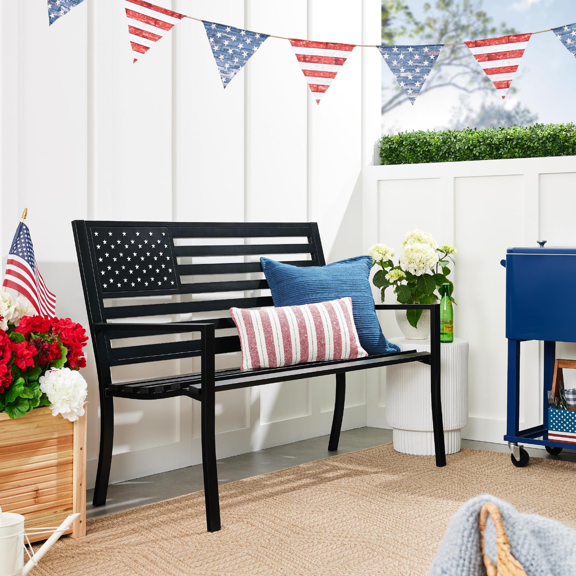 Best Choice Products Outdoor Bench 2-Person Steel Indoor/Outdoor Bench for Garden, Patio, Porch, Entryway w/American Flag, 790lb Capacity – Black - CookCave