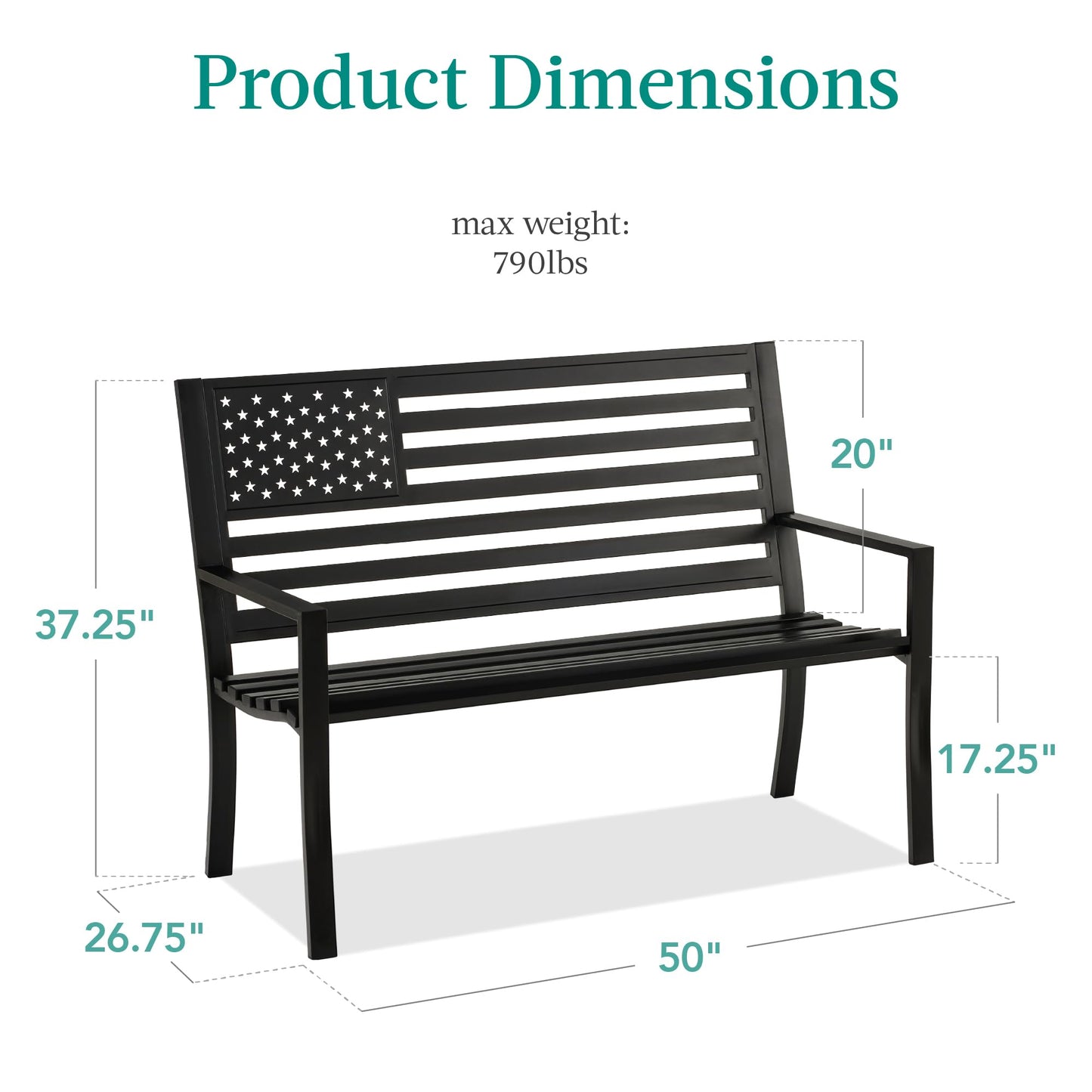Best Choice Products Outdoor Bench 2-Person Steel Indoor/Outdoor Bench for Garden, Patio, Porch, Entryway w/American Flag, 790lb Capacity – Black - CookCave