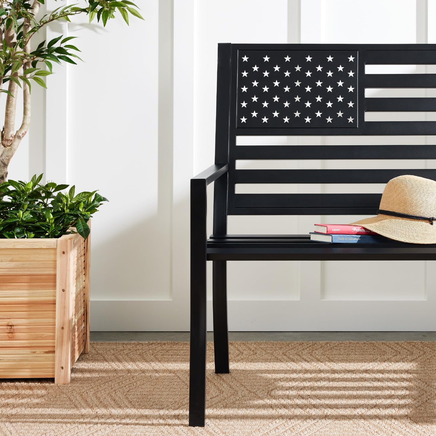 Best Choice Products Outdoor Bench 2-Person Steel Indoor/Outdoor Bench for Garden, Patio, Porch, Entryway w/American Flag, 790lb Capacity – Black - CookCave