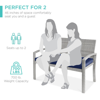 Best Choice Products Outdoor Bench 2-Person Wicker Garden Patio Benches Seating Furniture for Backyard, Porch w/Seat Cushion, 700lb Capacity - Gray/Navy - CookCave